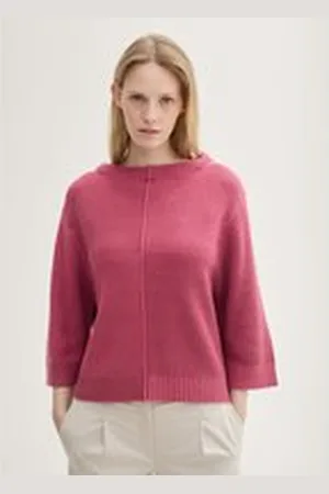 TOM TAILOR Damen Gestrickter Pullover mit 3/4 Arm, rosa, Uni, Gr. XXL, baumwolle