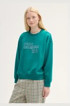 TOM TAILOR Damen College Sweatshirt mit Reißverschluss, grün, Logo Print, Gr. XL, baumwolle