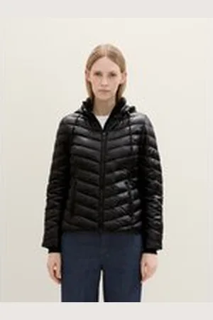 TOM TAILOR Damen Leichte Steppjacke mit Kapuze, schwarz, Uni, Gr. XL, polyamid