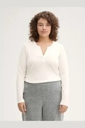 TOM TAILOR Damen Plus Size - Langarmshirt mit Lyocell, weiß, Uni, Gr. 44, lyocell