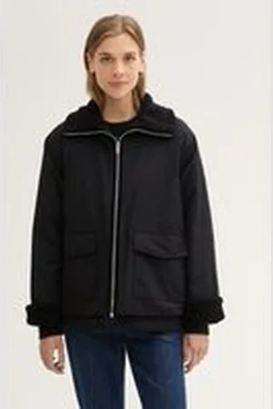 TOM TAILOR Damen Hybrid Teddy Jacke, schwarz, Uni, Gr. XL, polyester