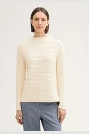 TOM TAILOR Damen Strickpullover mit Stehkragen, beige, Uni, Gr. L, baumwolle