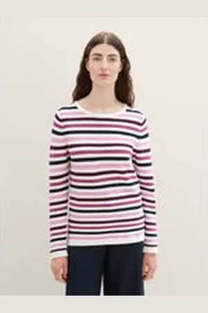 TOM TAILOR Damen Strickpullover mit Bio-Baumwolle, lila, Gestreift, Gr. XL, biobaumwolle