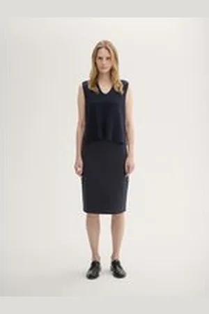TOM TAILOR Damen Knielanger Rock mit Ottoman Struktur, blau, Uni, Gr. 36, baumwolle