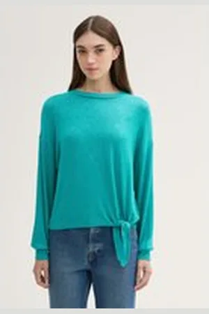 TOM TAILOR Damen Langarmshirt mit Knotendetail, grün, Meliert, Gr. S, viskose