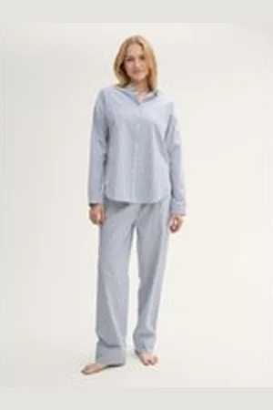 TOM TAILOR Damen Pyjama-Set mit Streifenmuster, blau, Gestreift, Gr. 3XL/46, baumwolle