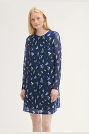 TOM TAILOR Damen Gemustertes Mesh Minikleid, blau, Gemustert, Gr. XL, polyester