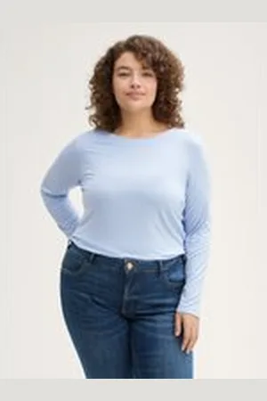 TOM TAILOR Damen Plus Size - Langarmshirt mit Modal, blau, Uni, Gr. 54, modal