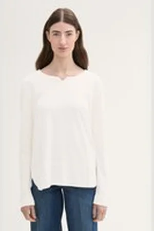TOM TAILOR Damen Langarmshirt mit Materialmix, weiß, Uni, Gr. XXL, modal