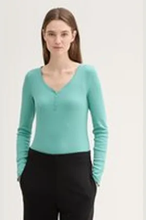 TOM TAILOR Damen Henley Langarmshirt mit Rippstruktur, grün, Uni, Gr. XXL, biobaumwolle