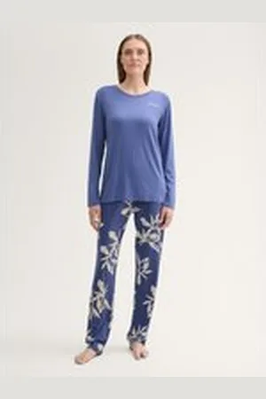 TOM TAILOR Damen Pyjama-Set mit Blumenmuster, blau, Geblümt, Gr. S/36, viskose
