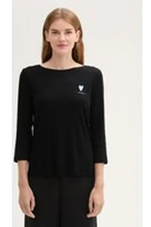 TOM TAILOR Damen 3/4 Shirt mit Print, schwarz, Uni, Gr. M, biobaumwolle