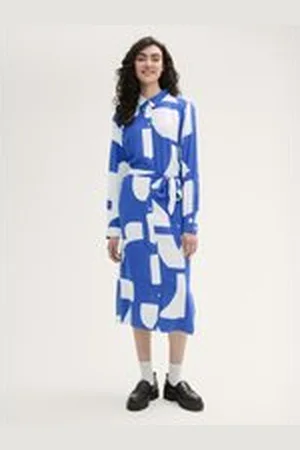 TOM TAILOR Damen Midi Hemdkleid mit Allover Print, blau, Gemustert, Gr. S, viskose