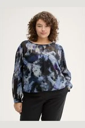TOM TAILOR Damen Plus Size - Gemusterte Chiffon Bluse, blau, Gemustert, Gr. 46, polyester_recycelt