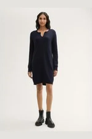 TOM TAILOR Damen Strickkleid mit Wollanteil, blau, Uni, Gr. 46, baumwolle