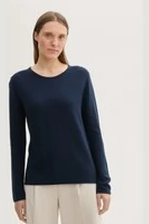 TOM TAILOR Damen Strickpullover mit Rundhalsausschnitt, blau, Uni, Gr. M, baumwolle