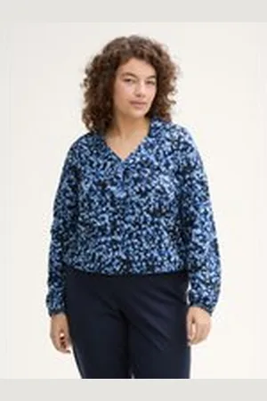 TOM TAILOR Damen Plus Size - Gemustertes Blusenshirt, blau, Gemustert, Gr. 46