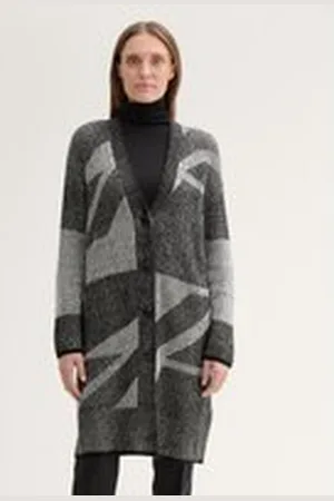 TOM TAILOR Damen Langer Cardigan mit Knopfleiste, schwarz, Gemustert, Gr. XXL, baumwolle