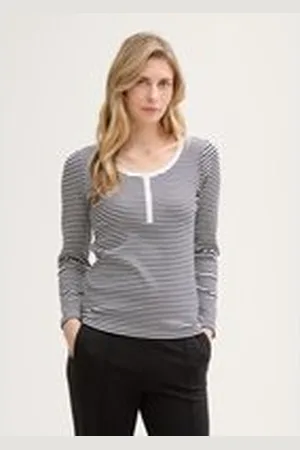 TOM TAILOR Damen Henley Langarmshirt, blau, Gestreift, Gr. XXL, biobaumwolle