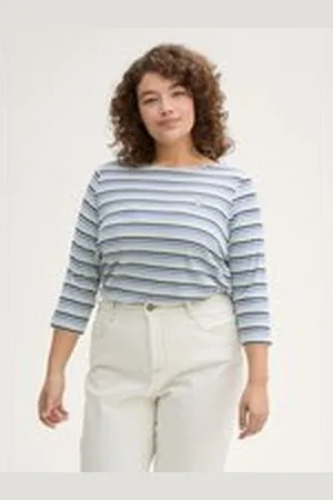 TOM TAILOR Damen Plus Size - Langarmshirt mit Streifenmuster, blau, Gestreift, Gr. 48, biobaumwolle