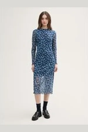 TOM TAILOR Damen Midi-Meshkleid mit Blumenmuster, blau, Geblümt, Gr. XL, polyester_recycelt