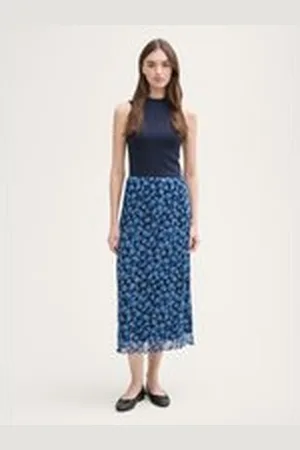 TOM TAILOR Damen Mesh Midi-Rock, blau, Geblümt, Gr. XS, polyester_recycelt