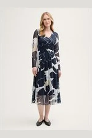 TOM TAILOR Damen Midi-Meshkleid mit Raffungen, blau, Geblümt, Gr. 36, polyester_recycelt