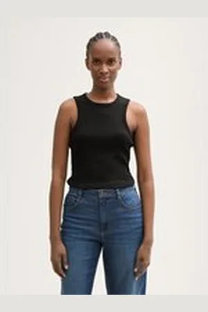 TOM TAILOR Damen Racerback Ripp Top, schwarz, Uni, Gr. XL, baumwolle