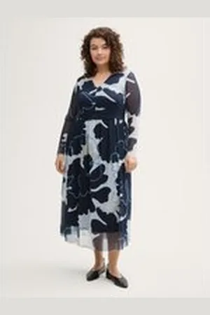 TOM TAILOR Damen Plus Size - Midi-Meshkleid mit Raffungen, blau, Geblümt, Gr. 44, polyester_recycelt