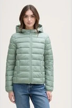 TOM TAILOR Damen Lightweight Steppjacke mit Kapuze, grün, Uni, Gr. L, polyester