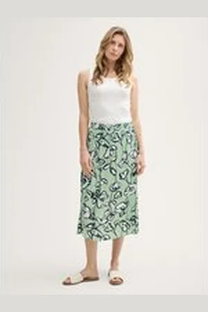 TOM TAILOR Damen High Waist Satin Midi-Rock, grün, Geblümt, Gr. 36, viskose