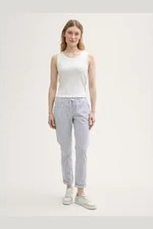 TOM TAILOR Damen Tapered Relaxed Hose, blau, Gestreift, Gr. 44/28, biobaumwolle