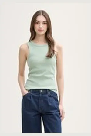 TOM TAILOR Damen Racerback Ripp Top, grün, Uni, Gr. XXL, baumwolle