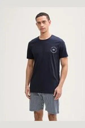 TOM TAILOR Herren Pyjama-Set aus Baumwollle mit Logo-Print und Streifenmuster, braun, Gestreift, Gr. 52, baumwolle
