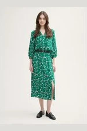 TOM TAILOR Damen Midi-Rock mit Schlitz-Detail, grün, Geblümt, Gr. XL, viskose_lenzing_ecovero