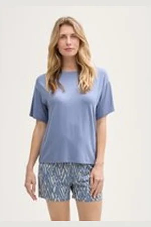 TOM TAILOR Damen Pyjama-Set mit Allover-Print, blau, Print, Gr. S/36, viskose