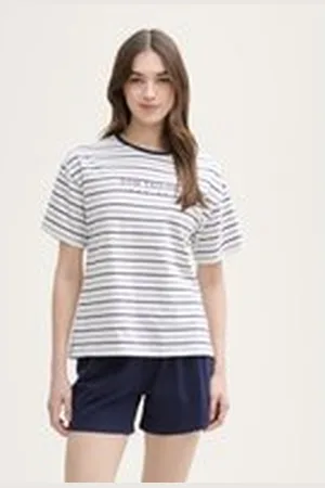 TOM TAILOR Damen Pyjama-Set mit Streifenmuster, blau, Gestreift, Gr. S/36, baumwolle