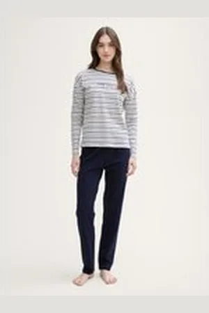 TOM TAILOR Damen Pyjama-Set mit Streifenmuster, blau, Gestreift, Gr. S/36, baumwolle