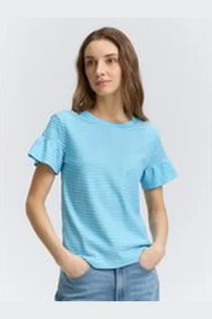 TOM TAILOR Damen T-Shirt mit Smock-Details, blau, Gestreift, Gr. XXL, polyester
