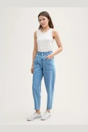 TOM TAILOR Damen Paperbag Barrel Jeans, blau, Uni, Gr. M, baumwolle