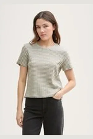 TOM TAILOR Damen Boxy Fit Pointelle T-Shirt, grün, Gestreift, Gr. M, baumwolle