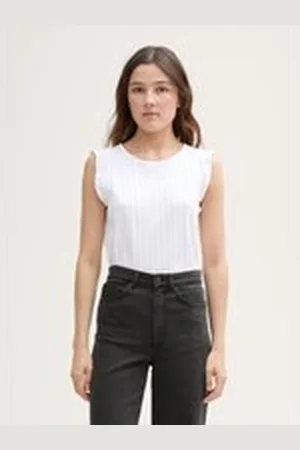 TOM TAILOR Damen Loose Fit Pointelle Top, weiß, Uni, Gr. L, baumwolle