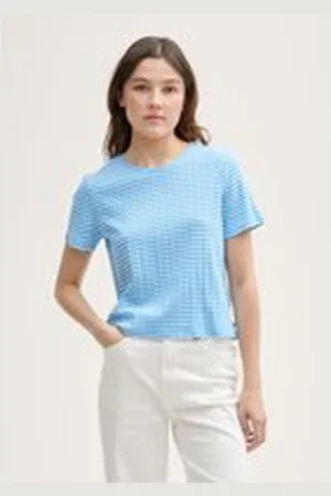 TOM TAILOR Damen Boxy Fit Pointelle T-Shirt, blau, Gestreift, Gr. S, baumwolle