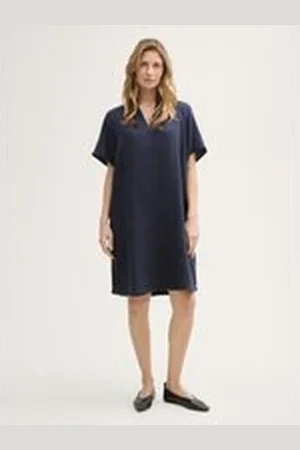 TOM TAILOR Damen Musselin Kleid aus Baumwolle, blau, Uni, Gr. 36, baumwolle