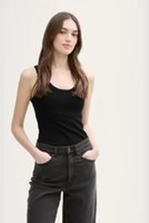 TOM TAILOR Damen Top mit Rippstruktur, schwarz, Uni, Gr. XL, baumwolle