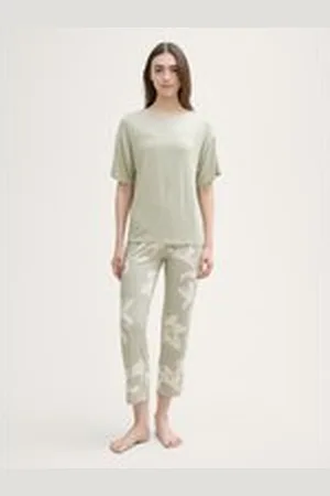 TOM TAILOR Damen Pyjama-Set mit Allover-Print, grün, Geblümt, Gr. M/38, viskose