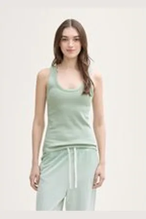TOM TAILOR Damen Top mit Rippstruktur, grün, Uni, Gr. XL, baumwolle