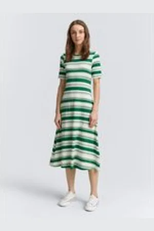 TOM TAILOR Damen Midi-Kleid mit Streifenmuster, grün, Gestreift, Gr. XL, baumwolle