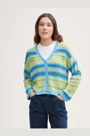 TOM TAILOR Damen Relaxed Fit Cardigan mit Lochmuster, blau, Gestreift, Gr. XL, polyacryl