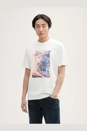 TOM TAILOR Herren T-Shirt mit Foto-Print, weiß, Uni, Gr. M, baumwolle